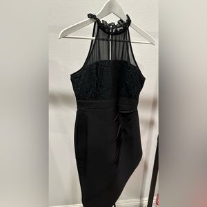 Black and lace high neck mid length dress